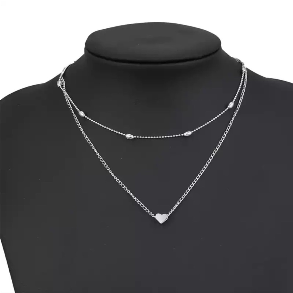 New Simple Style Double Layer Silver Gold Color Beads Love Heart Necklaces - Picture 4 of 10
